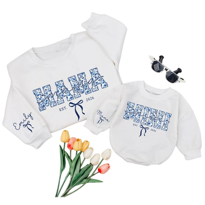 Custom Mama And Mini Blue Floral Sweatshirt Matching, Custom Mom Daughter Sweatshirt ET1628