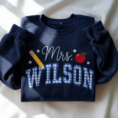 Personalized Mrs Teacher Gingham Embroidered Sweatshirt, Custom Name Teacher Sweatshirts 2D0884