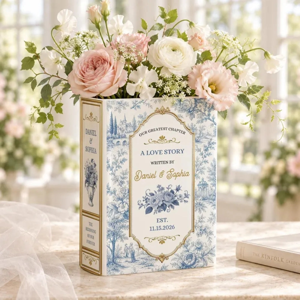 A Love Story Written By Custom Couple Name Ceramic Book Vase, Personalized Wedding Keepsake Book Vase WD0976