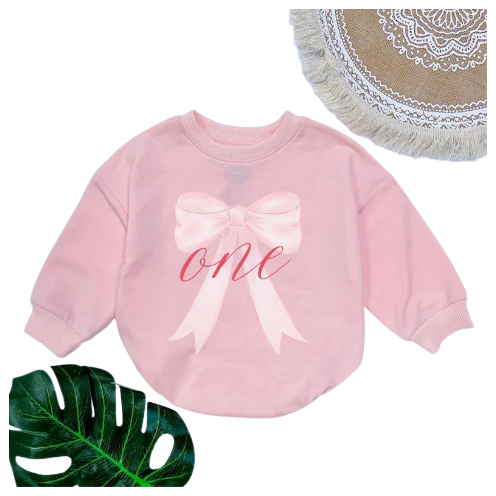 One Pink Bow Baby Romper Sweatshirt, First Birthday Sweatshirt Romper For Baby Girl BB0458