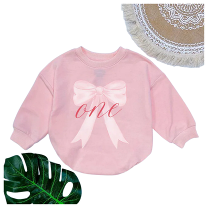 One Pink Bow Baby Romper Sweatshirt, First Birthday Sweatshirt Romper For Baby Girl BB0458