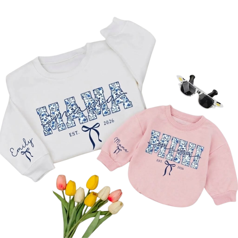 Custom Mama And Mini Blue Floral Sweatshirt Matching, Custom Mom Daughter Sweatshirt ET1628