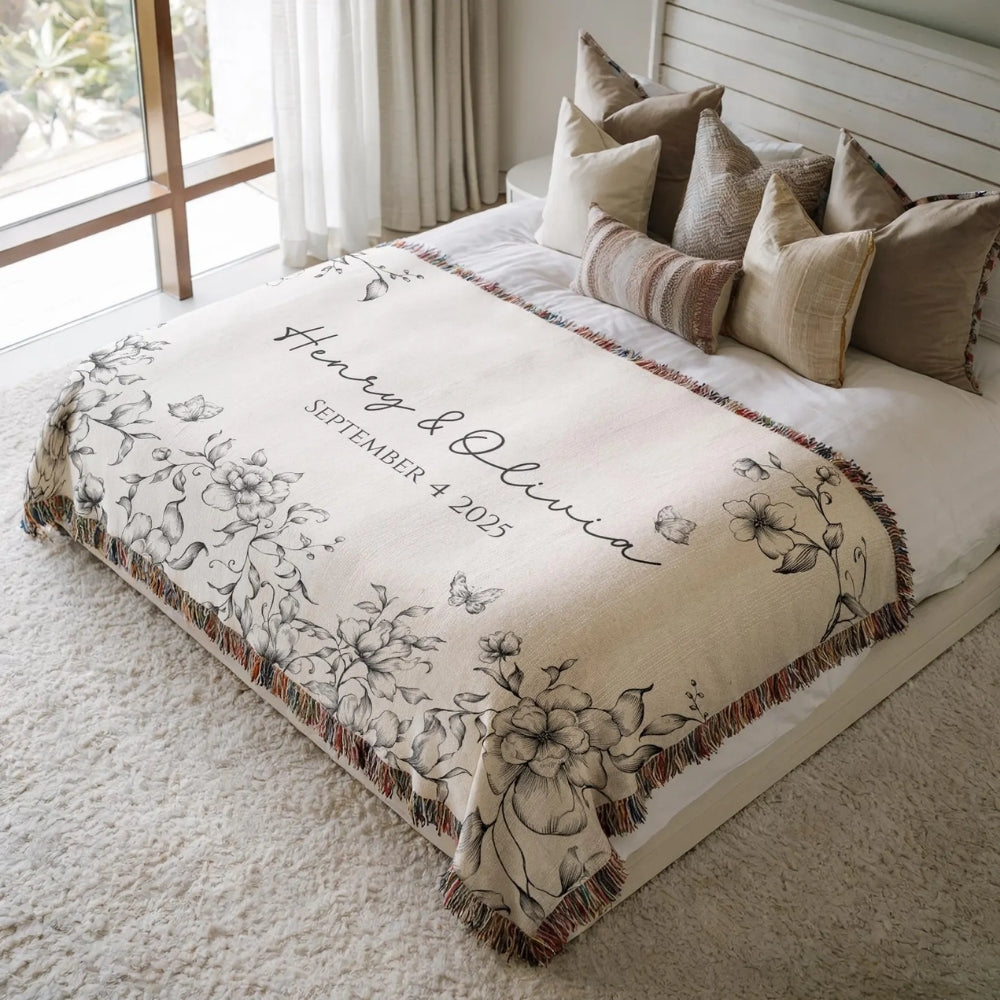 Custom Floral Wedding Woven Blanket with Names & Date, Custom Wedding Anniversary Engagement Blanket WD0002
