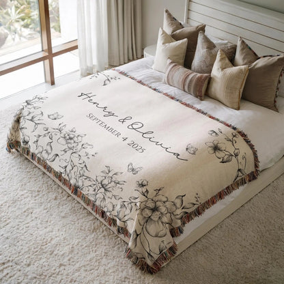 Custom Floral Wedding Woven Blanket with Names & Date, Custom Wedding Anniversary Engagement Blanket WD0002