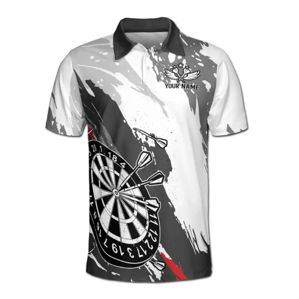 Custom Black And White Grunge Darts Team Polo Shirt Mens, Custom Darts Shirts DE0055