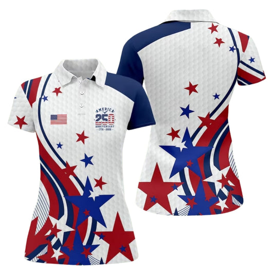 250th Anniversary Women's White Red Blue Star US Flag Golf Polo Shirt, 1776-2026 Semi-Quincentennial Golf Shirts For Ladies GE0419