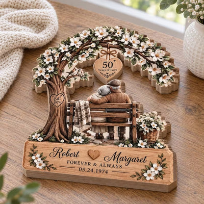 50 Years Of Love Custom Floral Tree Wooden Plaque, Custom Godden Anniversary Wooden Block For Grandma Grandpa WD0872