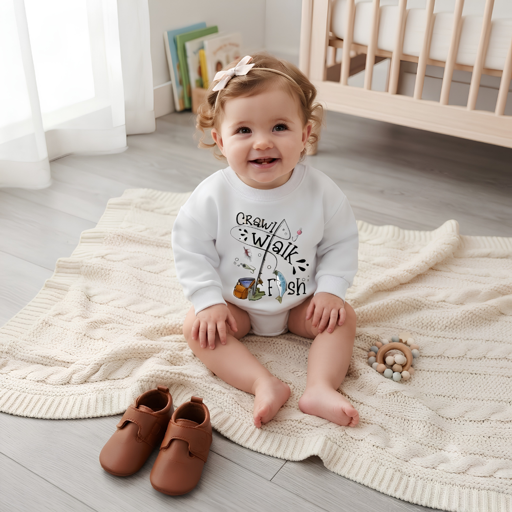 Crawl Walk Fish Baby Romper Sweatshirt, Fishing Lover Baby Romper Sweater BB0878
