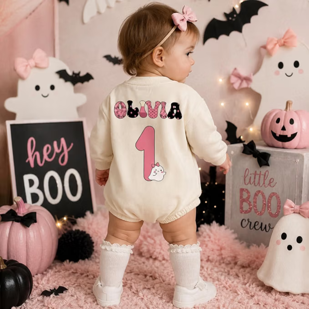 Personalized One Spooky Babe Baby Girl Romper Sweatshirt, Custom Halloween Romper Sweatshirt For Baby Girl BB0576