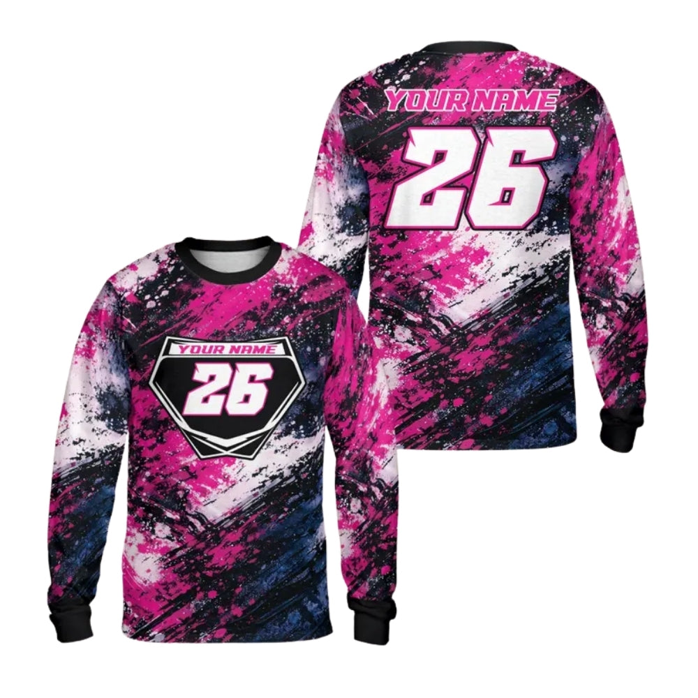 Custom Grunge Black Pink Long Sleeve Dirt Bike Shirt For Men, Custom Motocross Racing Jerseys ME0050
