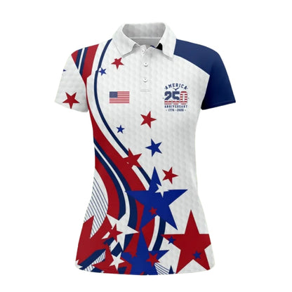 250th Anniversary Women's White Red Blue Star US Flag Golf Polo Shirt, 1776-2026 Semi-Quincentennial Golf Shirts For Ladies GE0419
