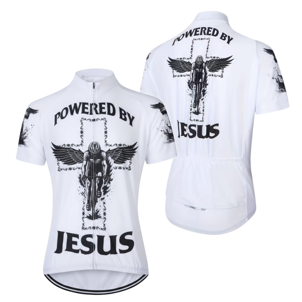 Powered By Jesus Men's White Cycling Short Sleeve Jerseys, Christian Cycling Jerseys For Mens CE0038