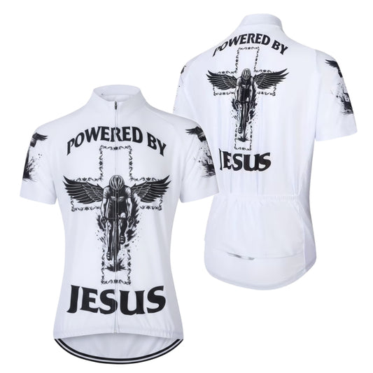 Powered By Jesus Men's White Cycling Short Sleeve Jerseys, Christian Cycling Jerseys For Mens CE0038