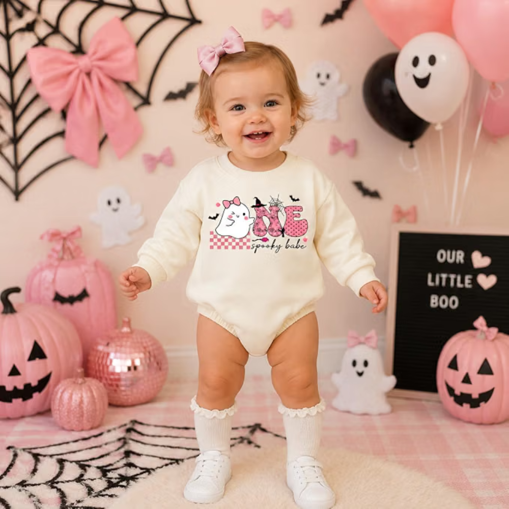 Personalized One Spooky Babe Baby Girl Romper Sweatshirt, Custom Halloween Romper Sweatshirt For Baby Girl BB0576