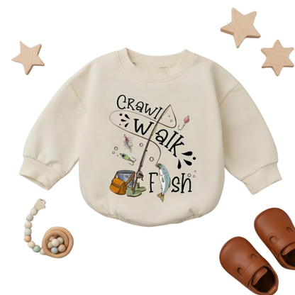 Crawl Walk Fish Baby Romper Sweatshirt, Fishing Lover Baby Romper Sweater BB0878