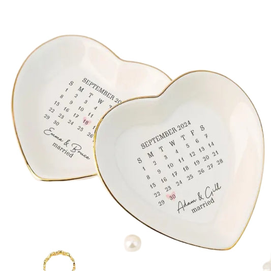 Custom Calendar Date Engagement Wedding Ring Dish, Custom Calendar Wedding Jewelry Dish For Bridal WD0179