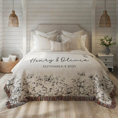 Custom Floral Wedding Woven Blanket with Names & Date, Custom Wedding Anniversary Engagement Blanket WD0002