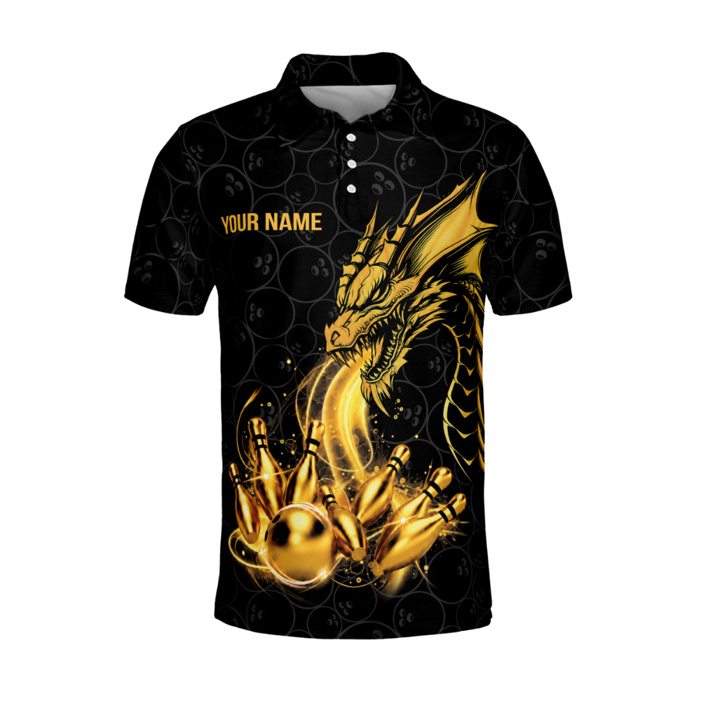 Custom Dragon Black And Gold Bowling Polo Shirts For Men, Custom Dragon Team Bowling Shirts BM0353