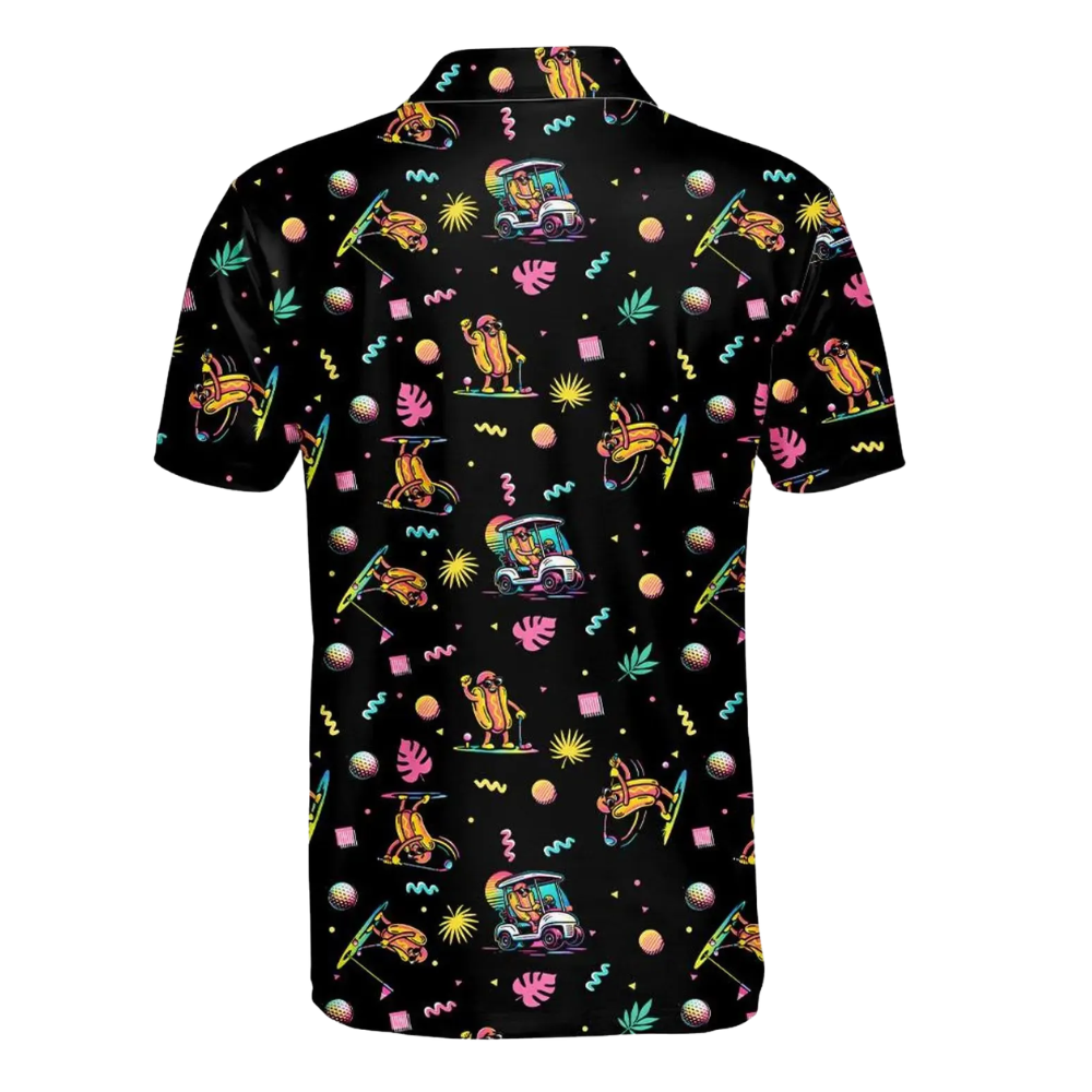 Mens Funny Hot Dog Golf Polo Shirt Black, Hot Dog Lover Golf Shirts GE0549