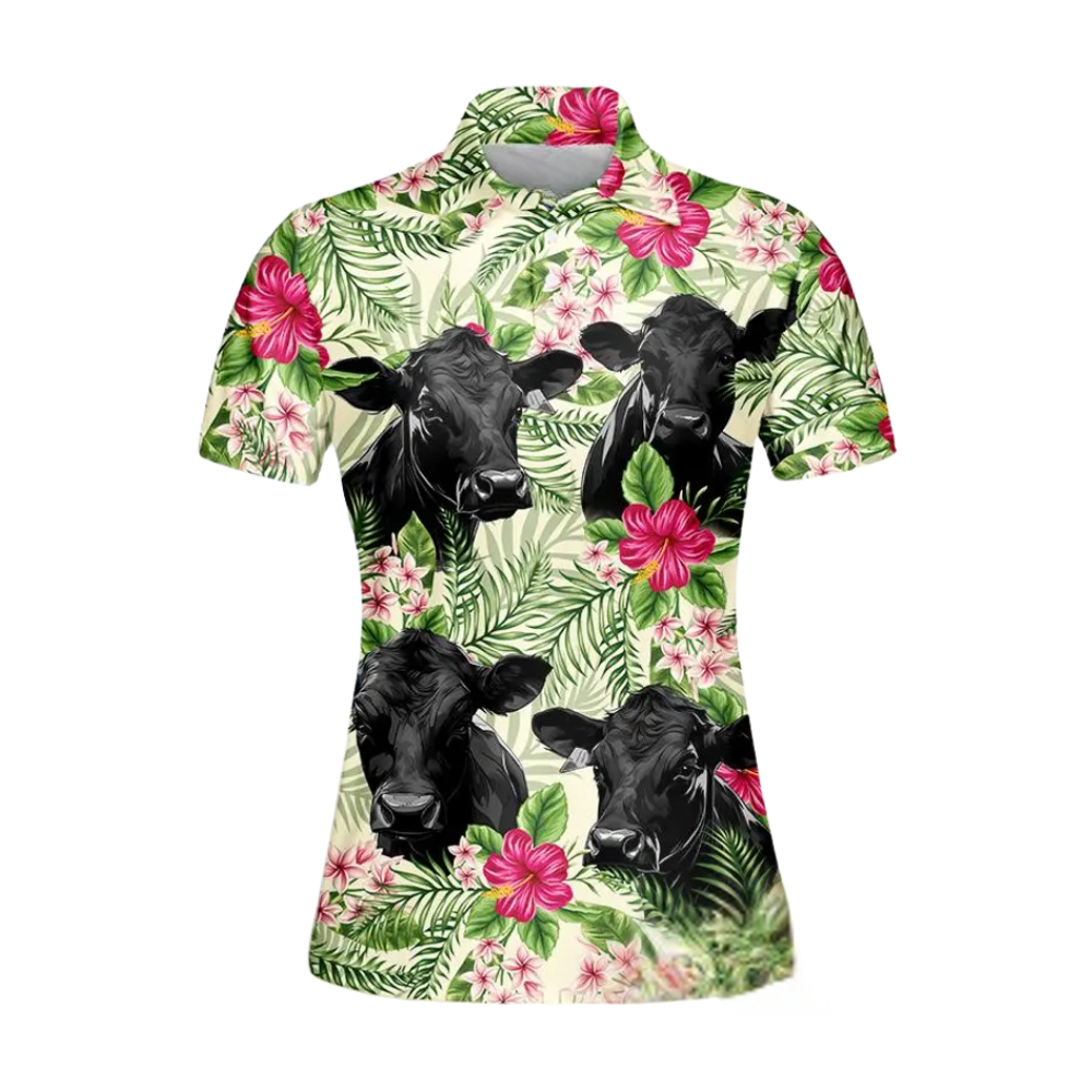 Angus Cow Flower Golf Polo Shirt For Ladies, Cow Tropical Golf Shirt Womens GE0499