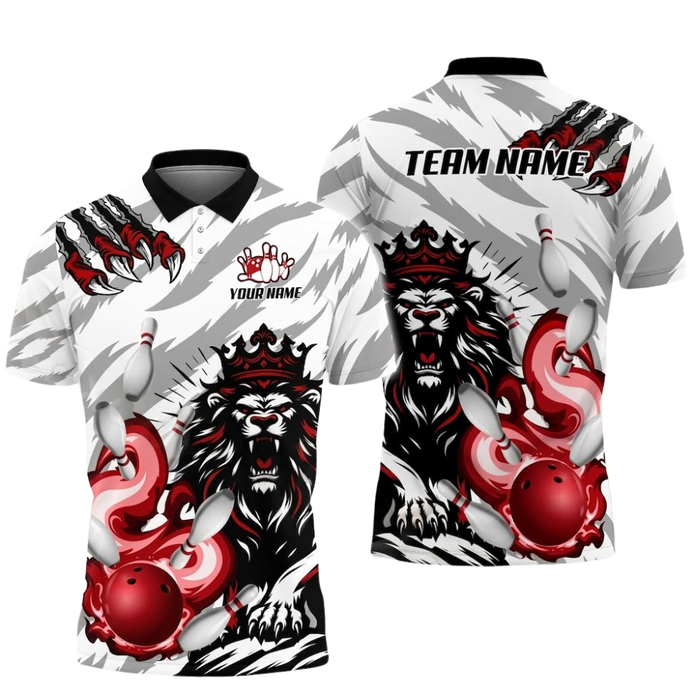 Custom Lion Flame Blue White Bowling Polo Shirt Men, Custom Team Lion Bowling Shirts BZ0689