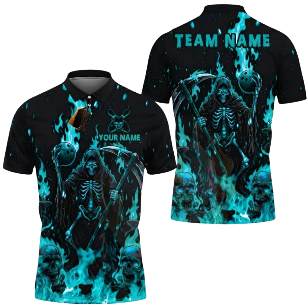 Custom Skeleton Flame Mens Bowling Polo Shirt, Custom Skull Bowling Team Shirts BZ0653