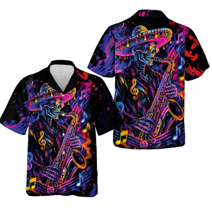 Skeleton Saxophone Neon Men's Hawaiian Shirt, Skull Hawaiian Shirt For Saxophone Player HE0669