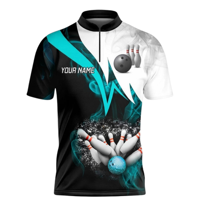 Custom Team Cyan Black Bowling Jersey Shirts For Men, Custom Team Bowling Shirts BZ1076