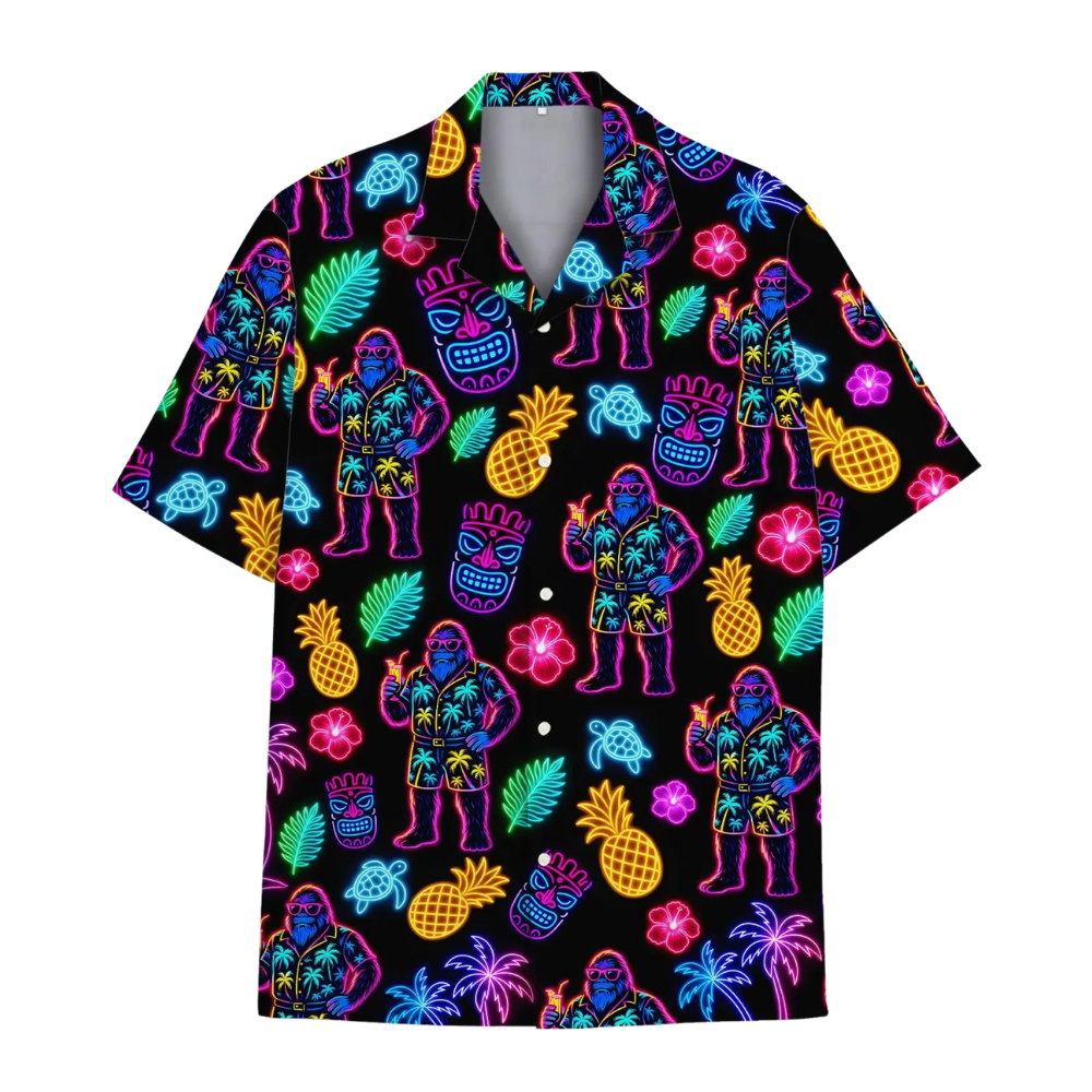 Neon Bigfoot Tiki Hawaiian Shirt For Men, Tiki Sasquatch Hawaiian Shirts HE0579