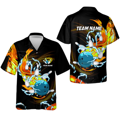 Custom Flaming Ball Bowling Mens Hawaiian Shirt, Custom Flame Bowling Team Shirts BZ0771