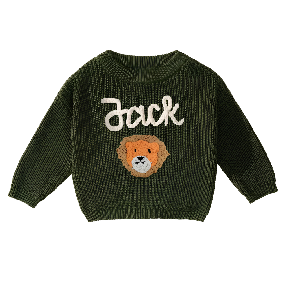 Custom Name Lion Embroidered Baby Knit Sweater, Custom Lion Knit Sweatshirt For Baby BB0125