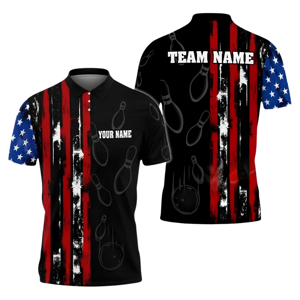 American Flag Custom Black Grunge Bowling Polo Shirt Mens, Custom Patriotic Bowling Team Shirts BZ0867