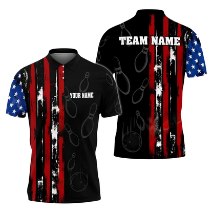 American Flag Custom Black Grunge Bowling Polo Shirt Mens, Custom Patriotic Bowling Team Shirts BZ0867