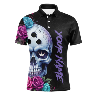 Custom Skull Floral Bowling Polo Shirts Mens, Custom Skull Team Bowling Shirts BZ1111