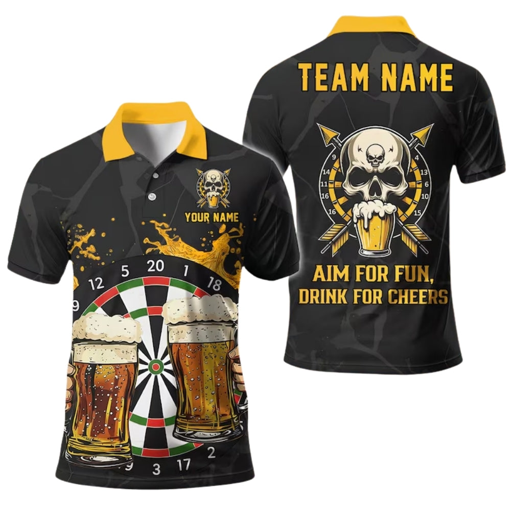 Aim For Fun Drink For Cheers Custom Skull Beer Dart Men's Polo Shirt, Custom Funny Beer Darts Team Shirts DE0091