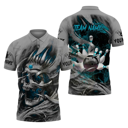 Custom Skull Gray Green Bowling Mens Polo Shirts, Custom Skull Team Bowling Shirt BZ1095