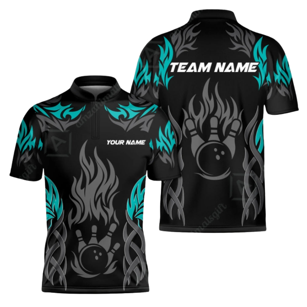 Custom Flame Tribal Bowling Men Jersey Black Red, Custom Team Flame Bowling Shirts BZ0394
