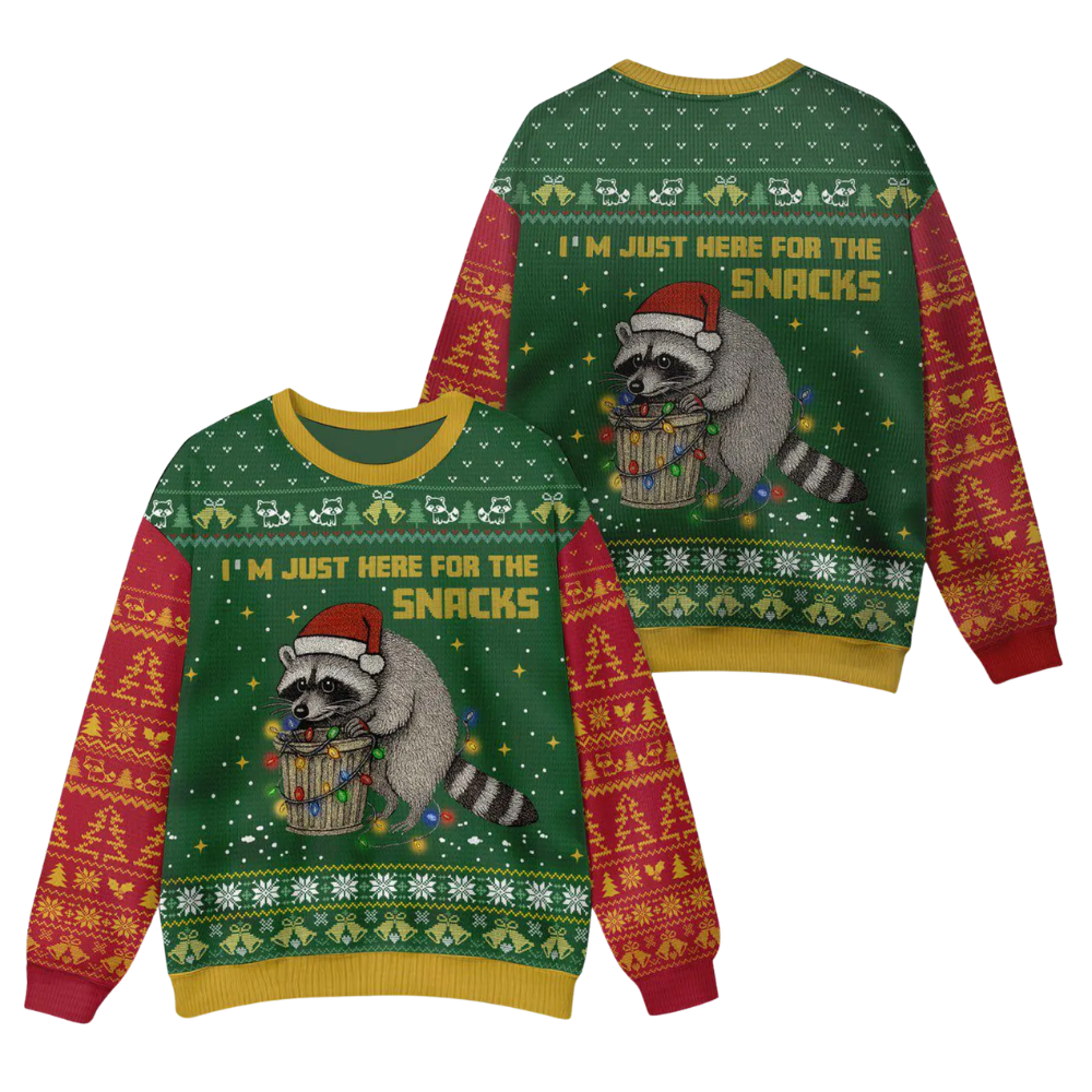 I'm Just Here For The Snacks Raccoon Ugly Sweater Christmas, Funny Raccoon Xmas Ugly Sweatshirt 2D1224