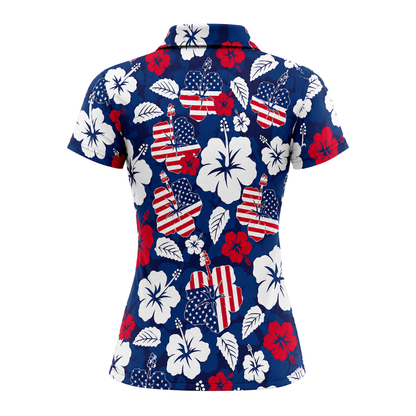 Hibiscus American Flag Golf Polo Shirt For Ladies, Women's Patriotic Tropical Golf Shirts For 4th Of July GZ0268