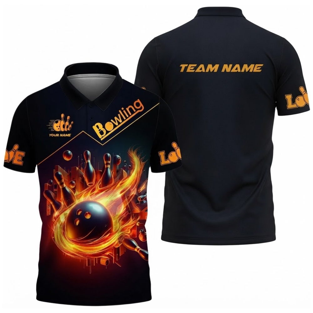 Custom Fire Ball Bowling Polo Shirt Mens, Custom Flame Bowling Team Shirts BZ0546