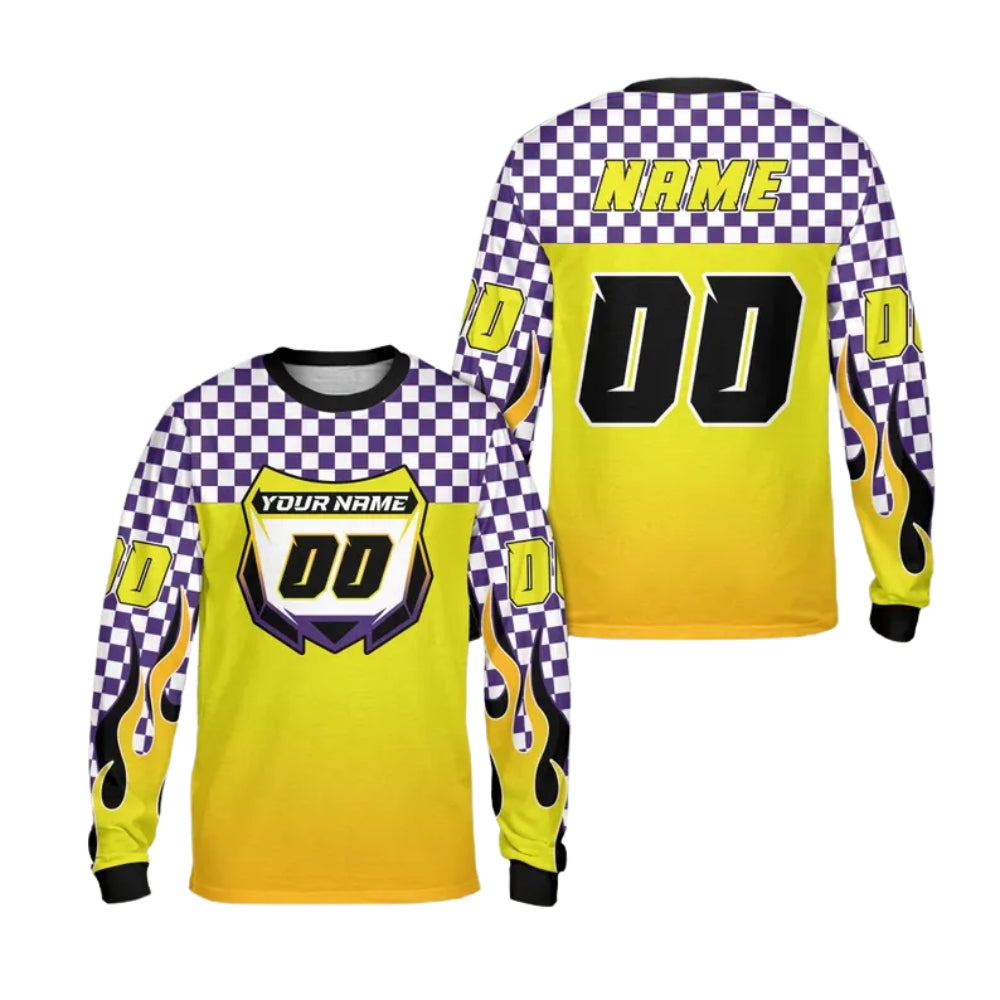 Custom Checkered Gradient Flame Long Sleeve Dirt Bike Jersey For Men, Custom Checkered Dirt Bike Shirts ME0023