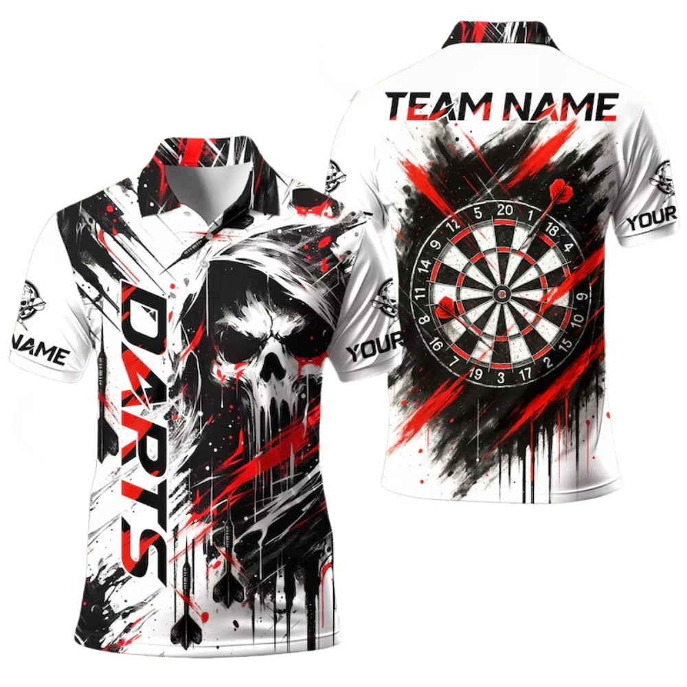 Custom Skull Black And White Darts Polo Shirt For Men, Custom Skull Darts Team Shirts DE0009