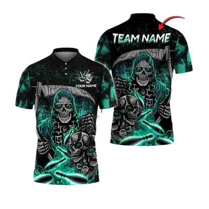 Custom Grim Reaper Men's Bowling Polo Shirts, Custom Skull Bowling Team Shirts BZ1048