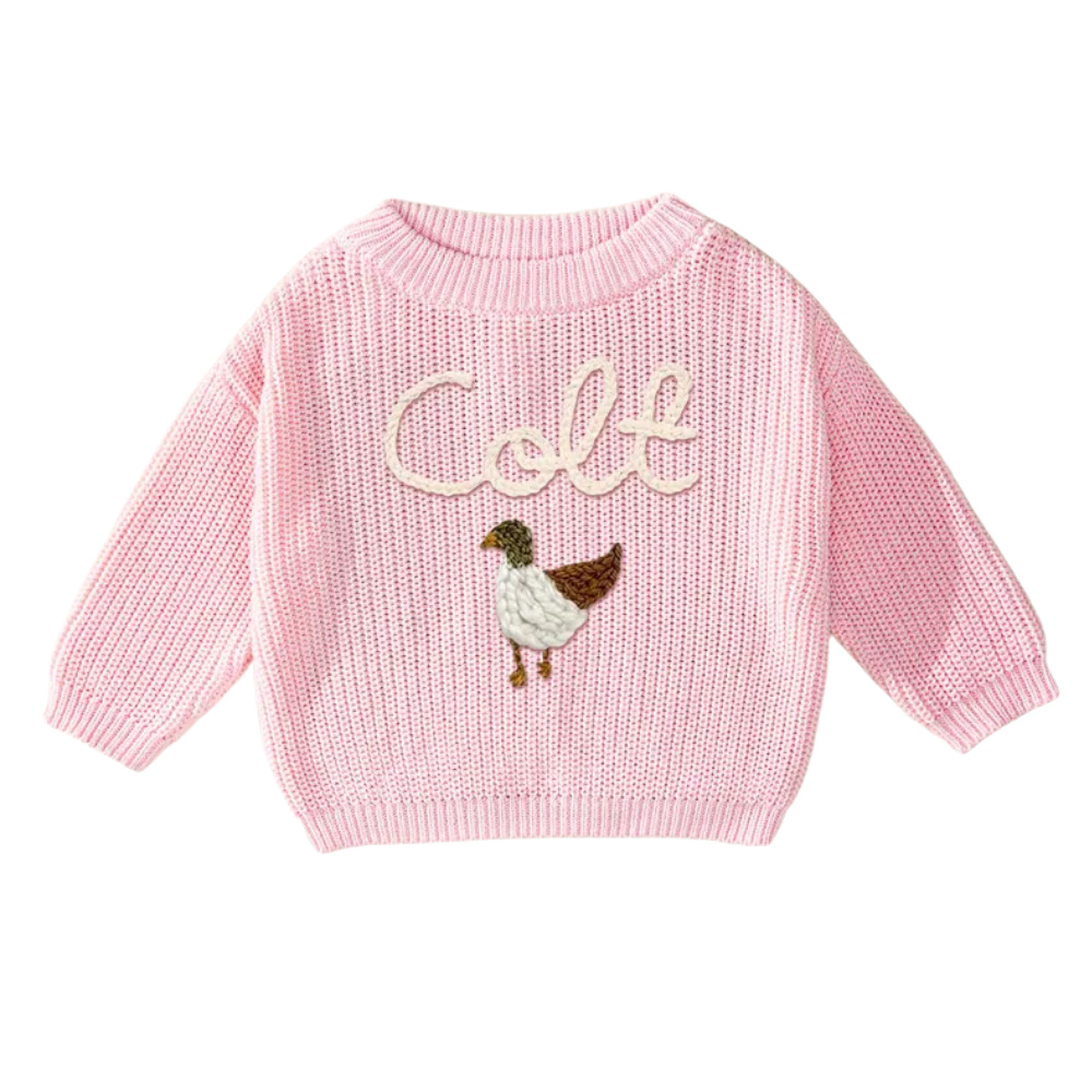 Custom Name Mallard Duck Baby Embroidered Sweater, Personalized Hand Embroidered Duck Sweater For Baby BB0122