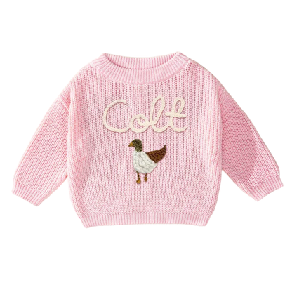 Custom Name Mallard Duck Baby Embroidered Sweater, Personalized Hand Embroidered Duck Sweater For Baby BB0122