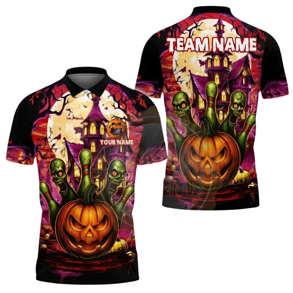 Custom Pumpkin Ball And Pins Bowling Polo Shirt For Men, Custom Team Halloween Bowling Shirt BZ0619