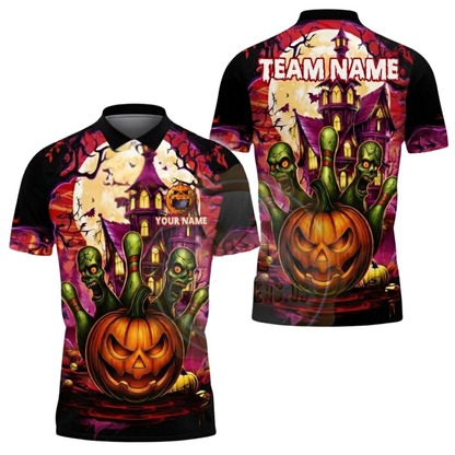Custom Pumpkin Ball And Pins Bowling Polo Shirt For Men, Custom Team Halloween Bowling Shirt BZ0619