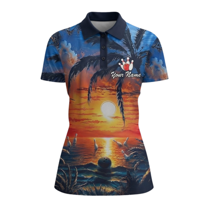 Tropical Sunset Custom Bowling Polo Shirt For Women, Custom Tropical Team Bowling Shirt BZ0673