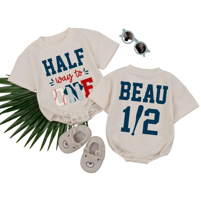 Custom Half Way To One Baby Baseball T Shirt Romper, Custom Basebal 6 Month Birthday Baby Romper BB0298