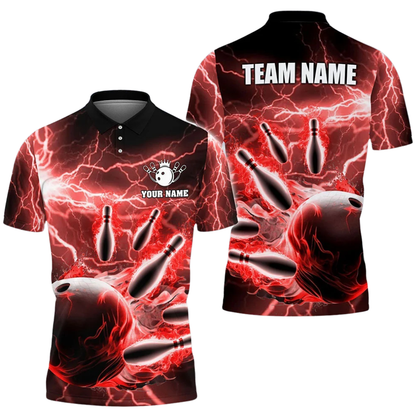 Custom Black Red Thunder Mens Bowling Polo Shirt, Custom Thunder Bowling Team Shirts BZ0739